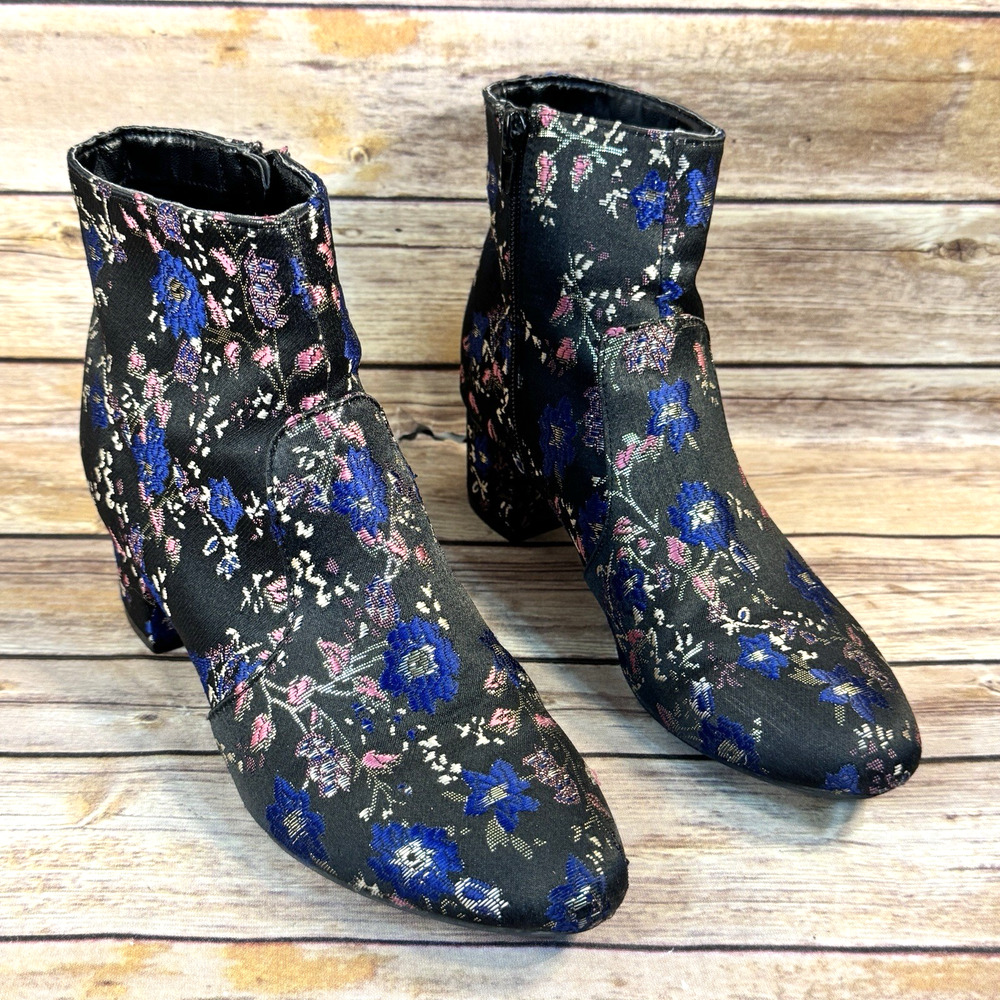 Unisa Womens Floral Brocade Black Pink Blue Block Heel Whimsical Romantic Ankle